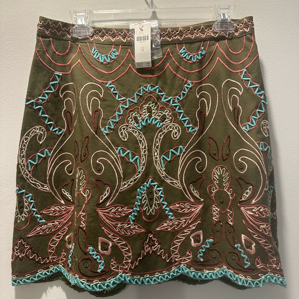 Anthropologie Green and Tan Mini Skirt